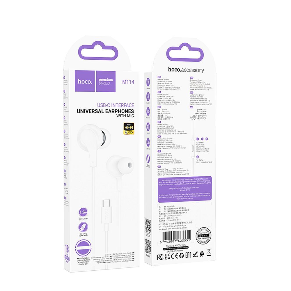 Handsfree USB-C HOCO M114, Alb