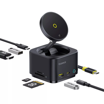 Hub Multifunctional Baseus MagPro II 7in1, 1 x USB-A - 2 x USB-C - 1 x HDMI - 1 x QI - 1 x SD - 1 x microSD, Negru Resigilat B00072900121-00