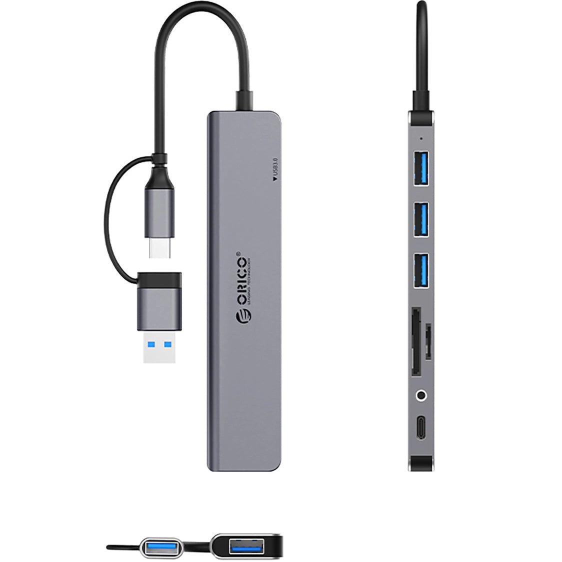 Hub USB / USB-C Orico YSA8-U3, 1 x USB-A 3.0 - 3 x USB-A - 1 x USB-C - 1 x Jack 3.5mm - 1 x SD - 1 x microSD, Negru