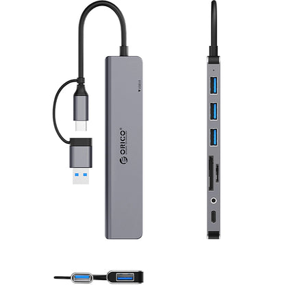 Hub USB / USB-C Orico YSA8-U3, 1 x USB-A 3.0 - 3 x USB-A - 1 x USB-C - 1 x Jack 3.5mm - 1 x SD - 1 x microSD, Negru