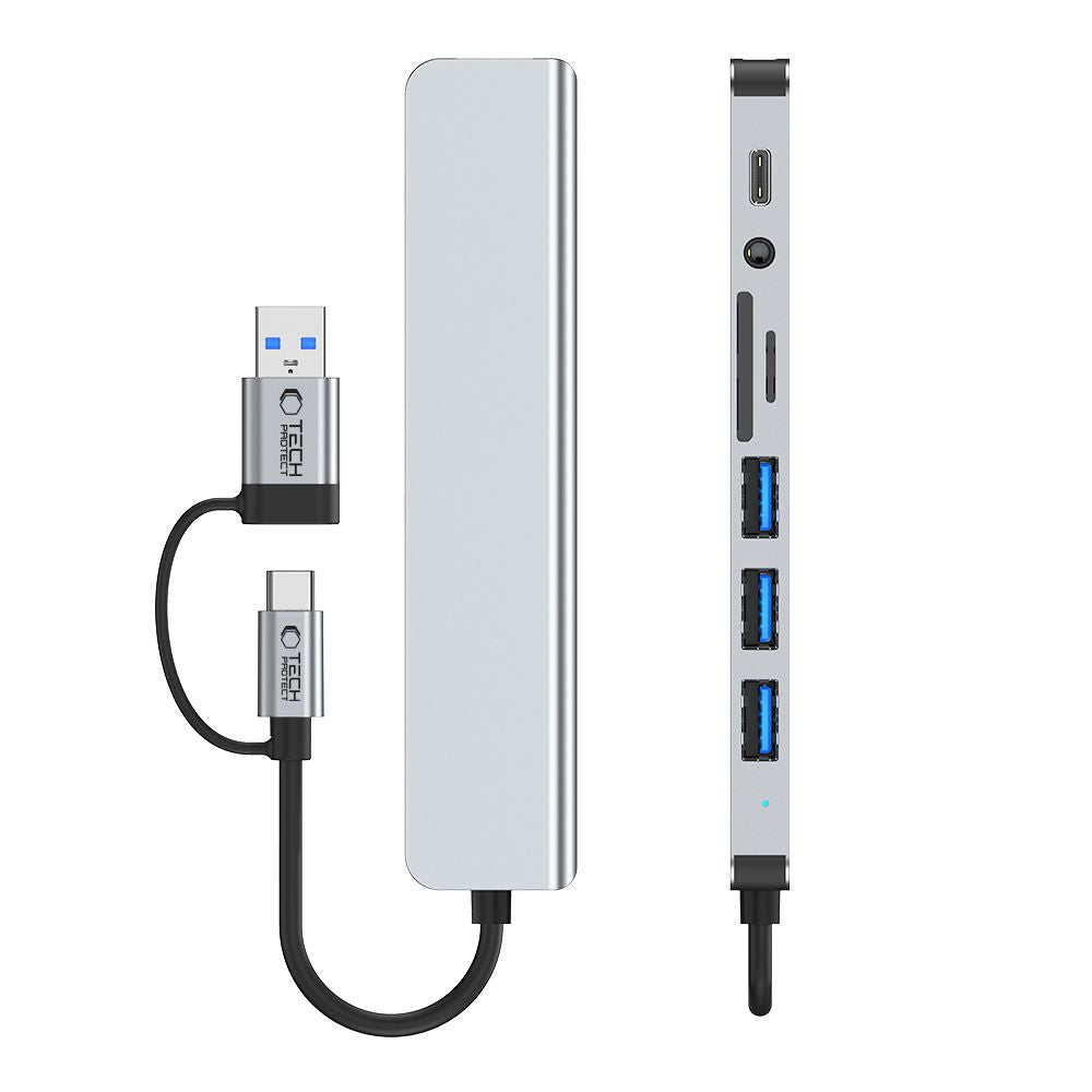 Hub USB / USB-C Tech-Protect HB06, 2 x USB-A 3.0 - 2 x USB-A - 1 x USB-C - 1 x Jack 3.5mm - 1 x SD - 1 x microSD, Gri