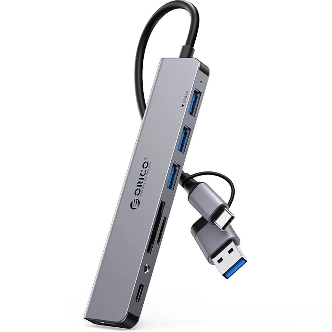 Hub USB / USB-C Orico YSA8-U3, 1 x USB-A 3.0 - 3 x USB-A - 1 x USB-C - 1 x Jack 3.5mm - 1 x SD - 1 x microSD, Negru