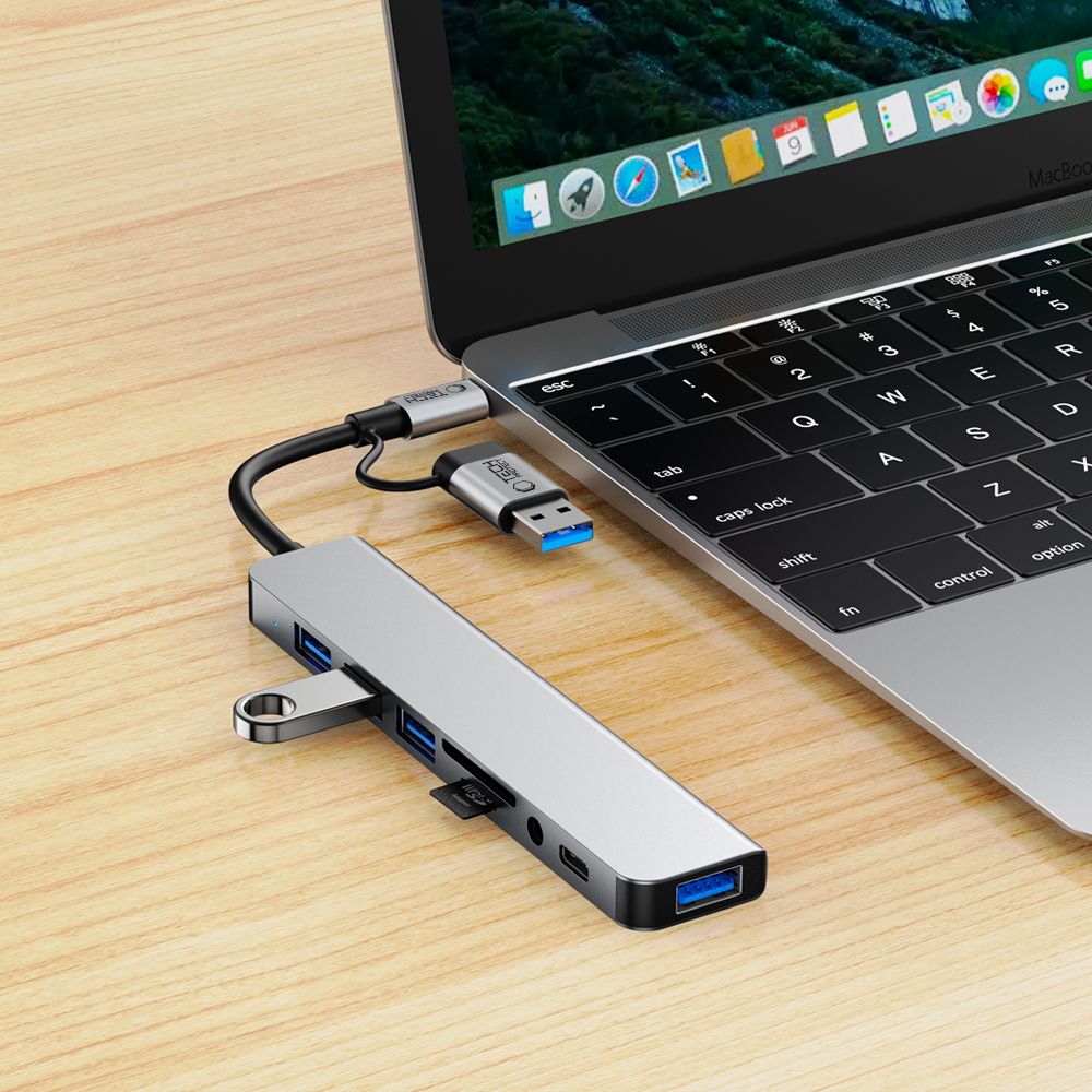 Hub USB / USB-C Tech-Protect HB06, 2 x USB-A 3.0 - 2 x USB-A - 1 x USB-C - 1 x Jack 3.5mm - 1 x SD - 1 x microSD, Gri