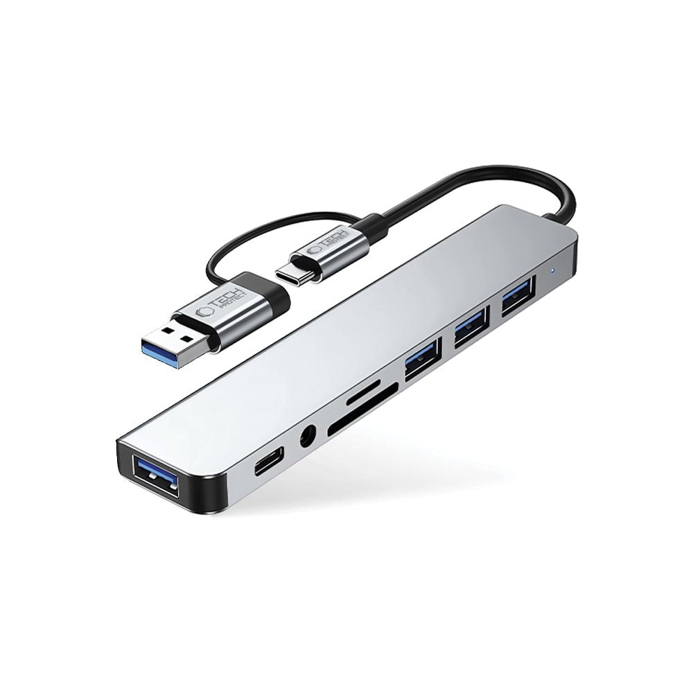 Hub USB / USB-C Tech-Protect HB06, 2 x USB-A 3.0 - 2 x USB-A - 1 x USB-C - 1 x Jack 3.5mm - 1 x SD - 1 x microSD, Gri