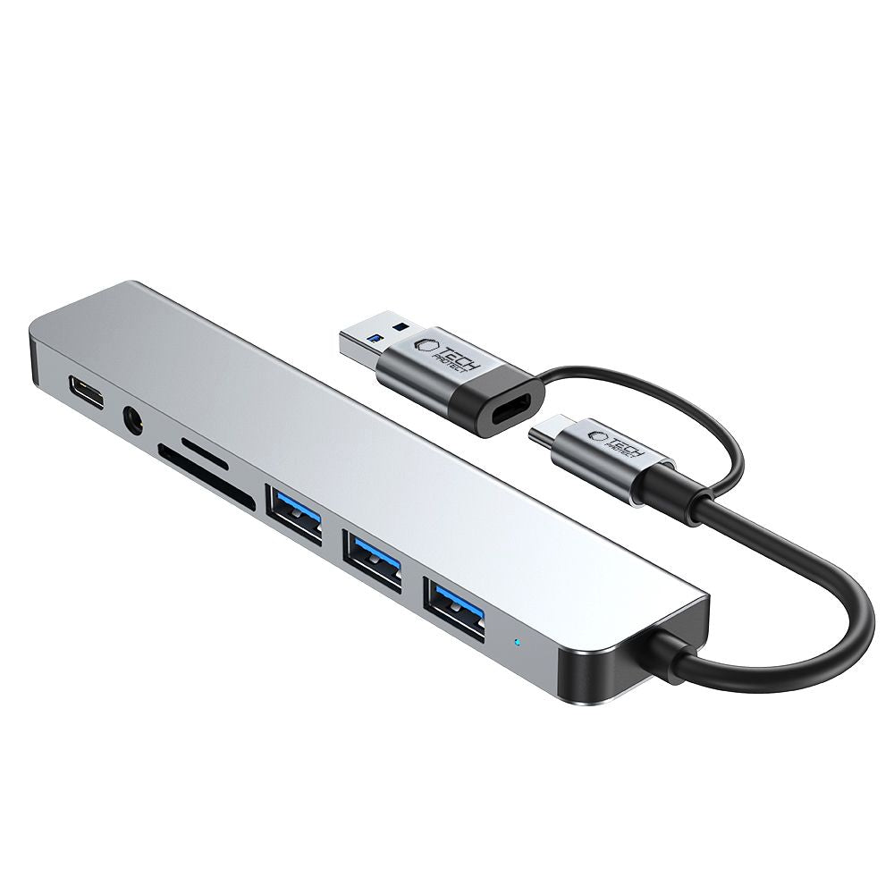 Hub USB / USB-C Tech-Protect HB06, 2 x USB-A 3.0 - 2 x USB-A - 1 x USB-C - 1 x Jack 3.5mm - 1 x SD - 1 x microSD, Gri