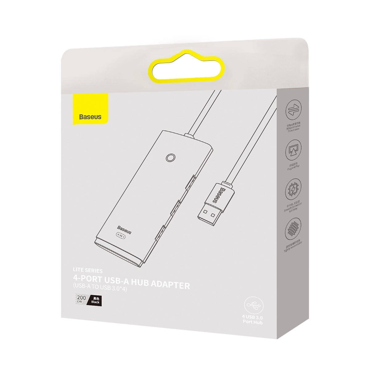 Hub USB Baseus Lite, 4 x USB-A 3.0 - 1 x USB-C, 2m, Negru WKQX030201