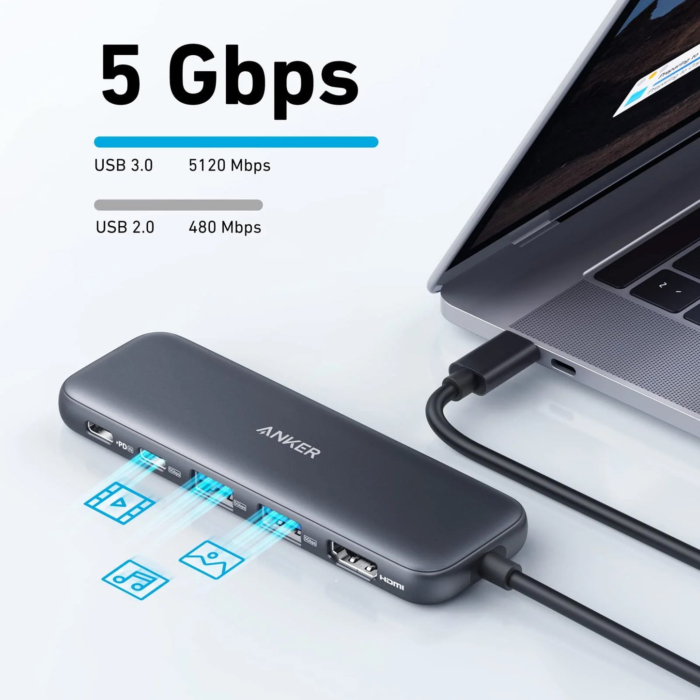 Hub USB-C Anker 332, 2 x USB-A - 2 x USB-C - 1 x HDMI, Gri A8355H11