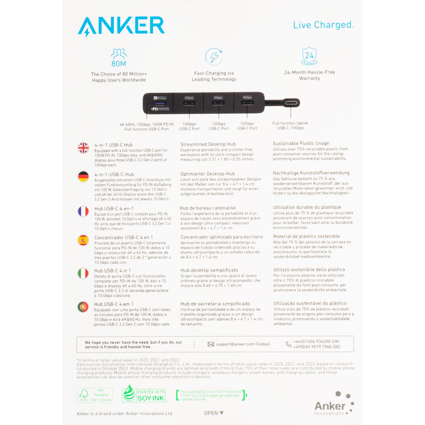 Hub USB-C Anker, 4 x USB-C, Negru A8340GA1