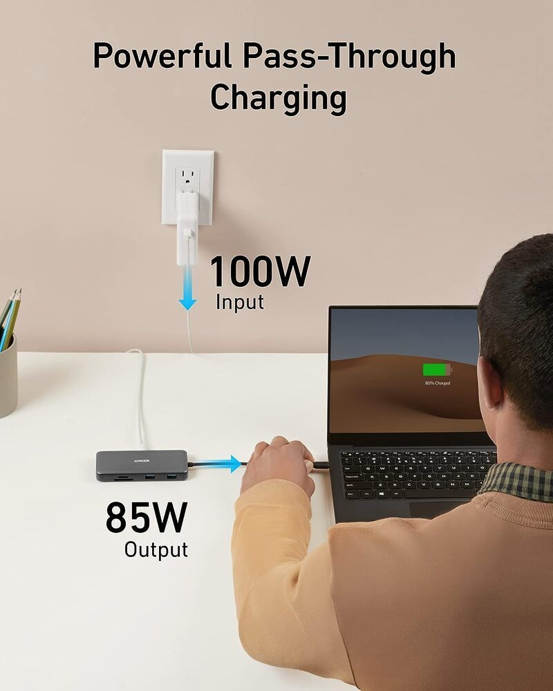 Hub USB-C Anker 555, 2 x USB-A 3.2 - 2 x USB-C - 1 x HDMI - 1 x RJ45 - 1 x SD - 1 x microSD, Gri A83830A2