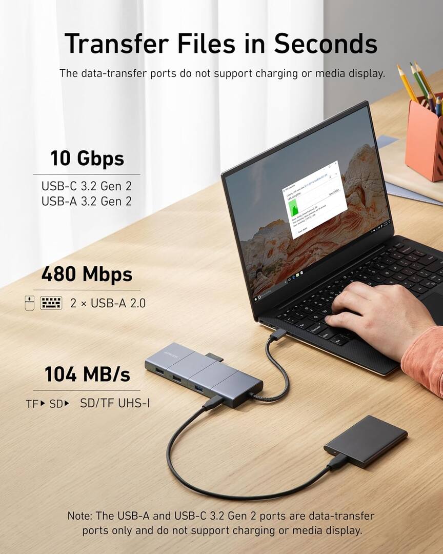 Hub USB-C Anker PowerExpand, 1 x USB-A 3.2 - 2 x USB-A - 2 x USB-C - 1 x Display Port - 1 x HDMI - 1 x Jack 3.5mm - 1 x RJ45 - 1 x SD - 1 x microSD, Gri