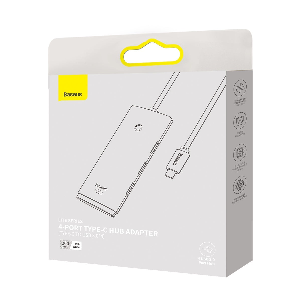 Hub USB-C Baseus Lite, 4 x USB-A 3.2, 2m, Alb