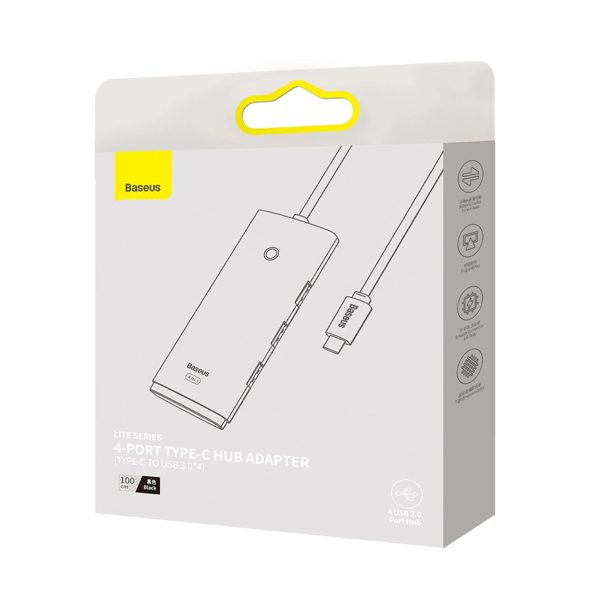 Hub USB-C Baseus Lite, 4 x USB-A 3.0 - 1 x USB-C, 1m, Negru WKQX030401