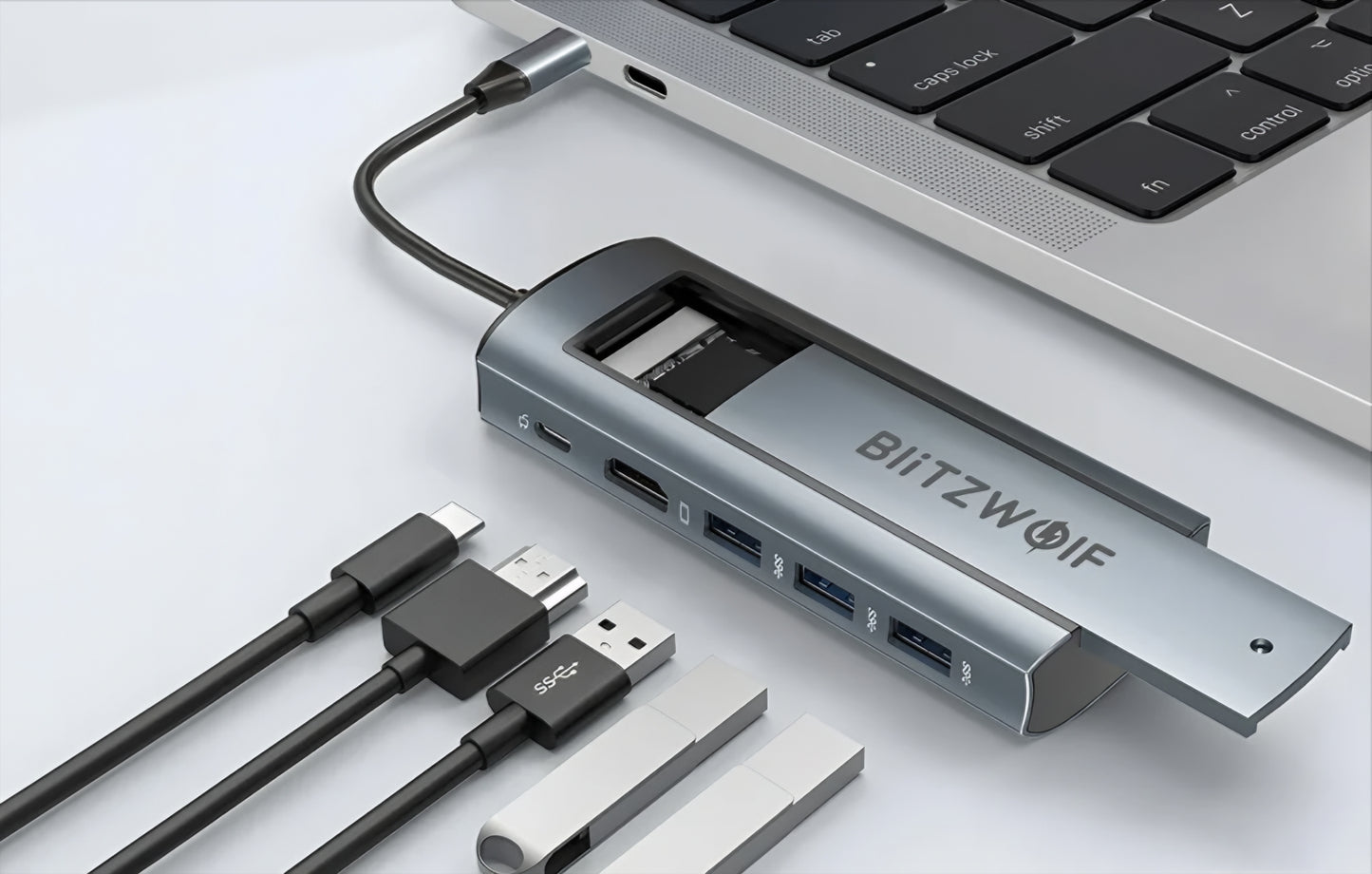 Hub USB-C BlitzWolf BW-Neo TH13, 3 x USB-A 3.0 - 1 x USB-C - 1 x Display Port - 1 x Interfata SSD, Gri