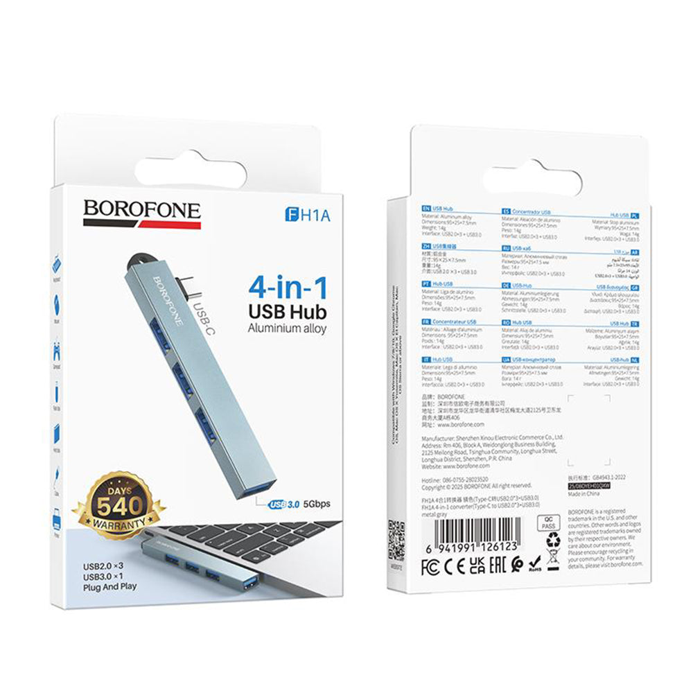 Hub USB-C Borofone FH1A, 4in1, Gri