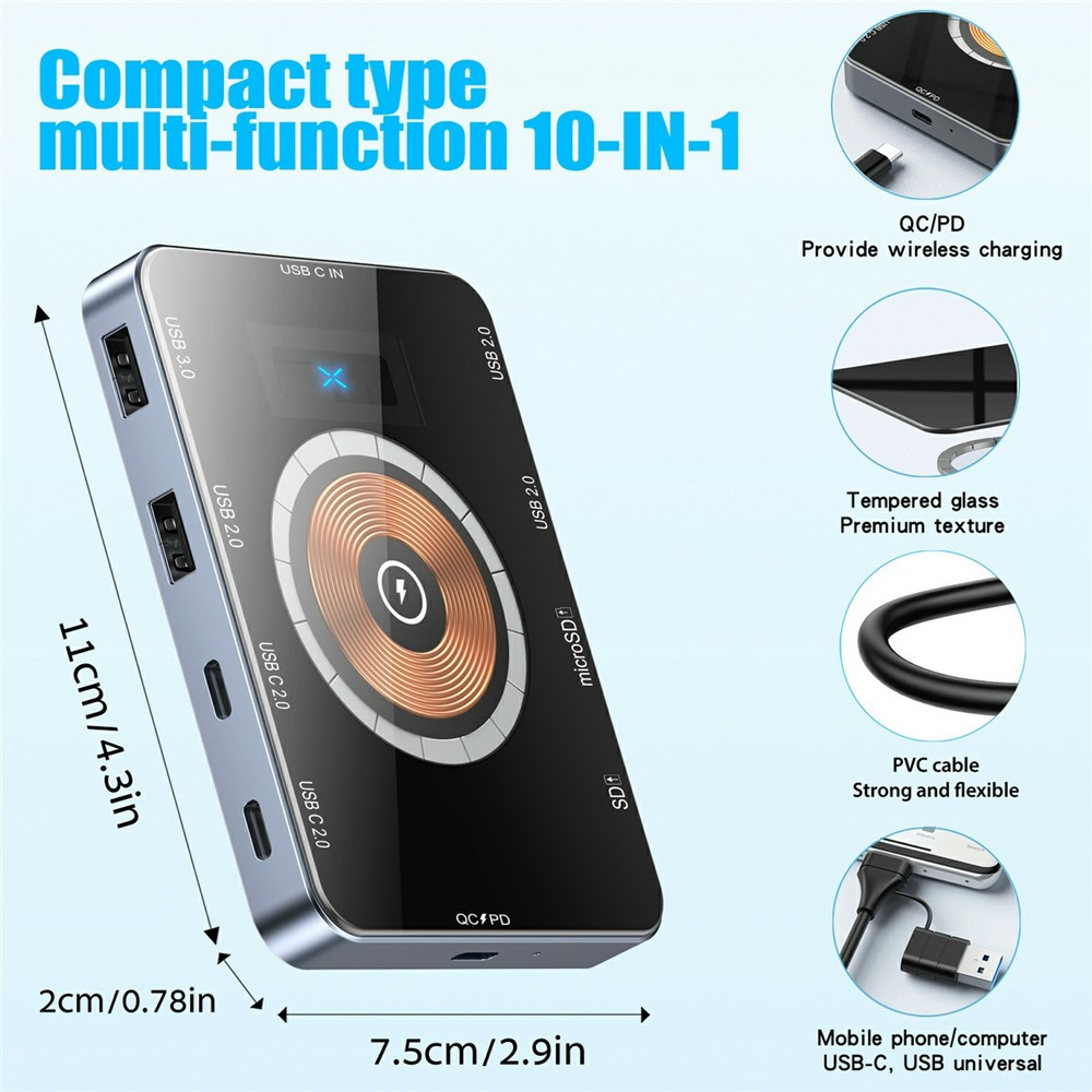 Hub USB-C cu Incarcare Wireless QI OEM YC7209, 10in1, Gri