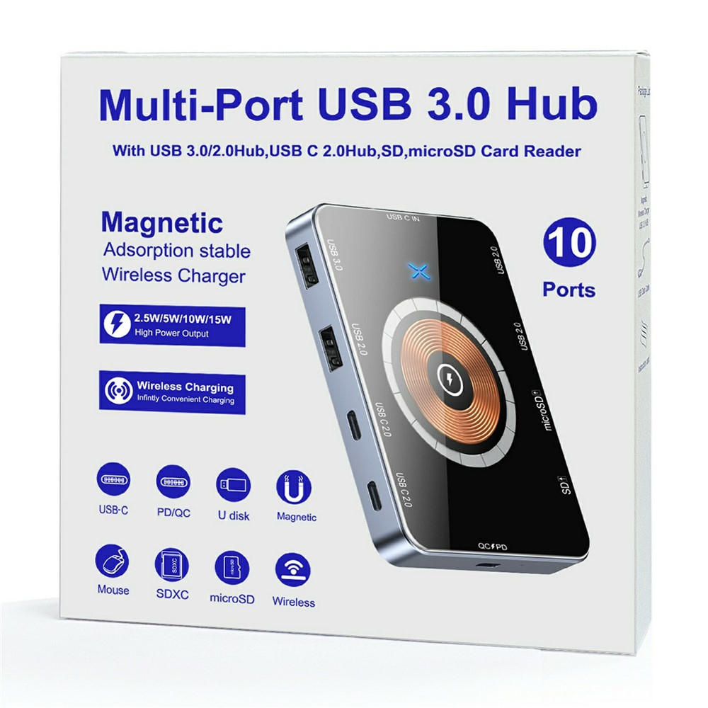 Hub USB-C cu Incarcare Wireless QI OEM YC7209, 10in1, Gri