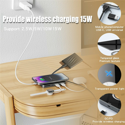 Hub USB-C cu Incarcare Wireless QI OEM YC7209, 10in1, Gri