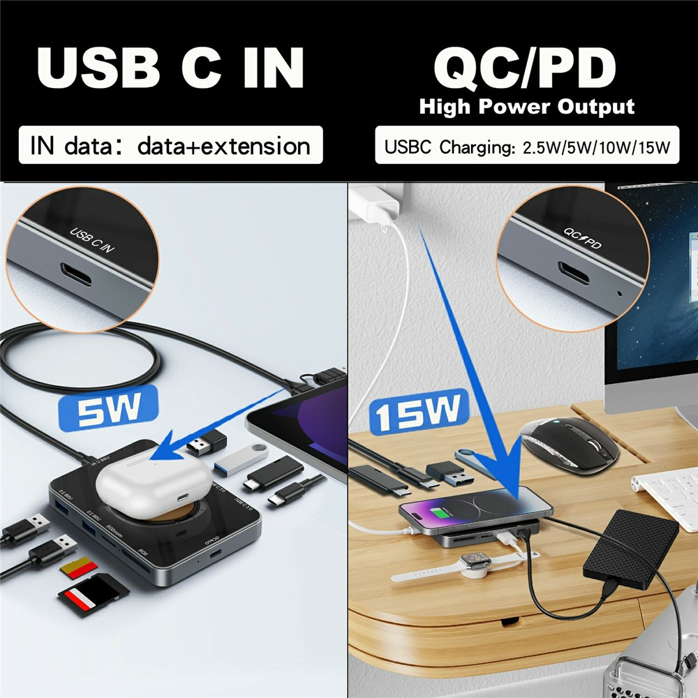 Hub USB-C cu Incarcare Wireless QI OEM YC7209, 10in1, Gri