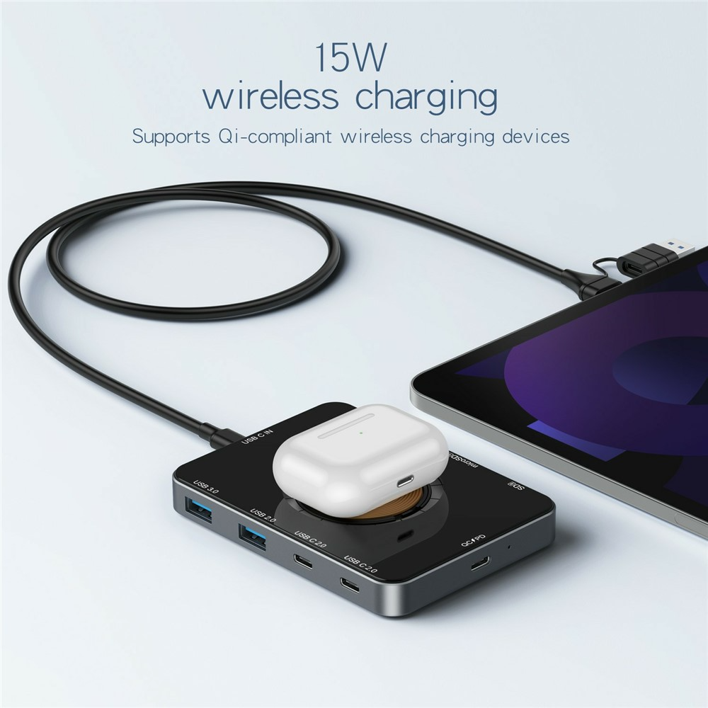 Hub USB-C cu Incarcare Wireless QI OEM YC7209, 10in1, Gri