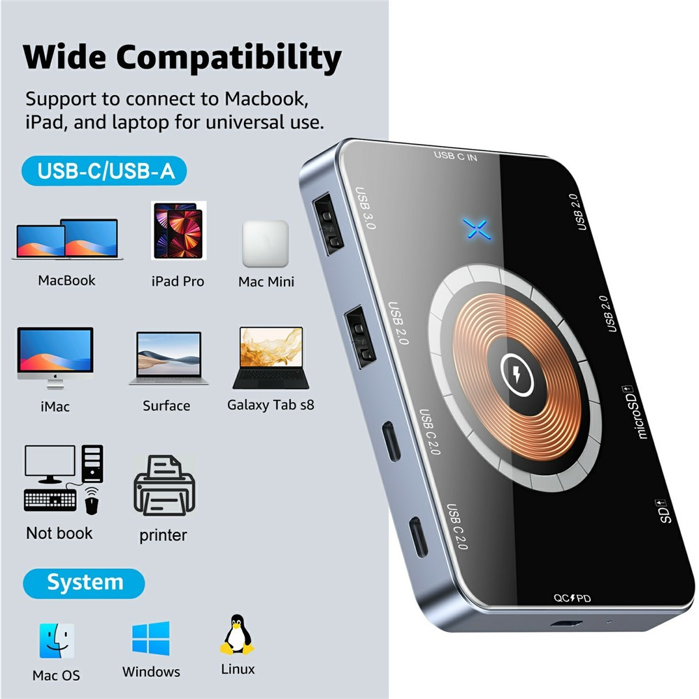 Hub USB-C cu Incarcare Wireless QI OEM YC7209, 10in1, Gri
