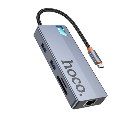 Hub USB-C HOCO HB52, 2 x USB-A 3.0 - 2 x USB-C - 1 x HDMI - 1 x RJ45 - 1 x SD - 1 x microSD, Gri