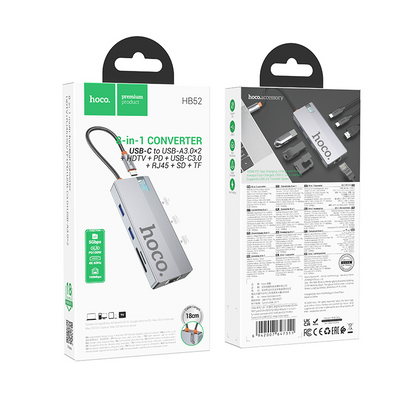 Hub USB-C HOCO HB52, 2 x USB-A 3.0 - 2 x USB-C - 1 x HDMI - 1 x RJ45 - 1 x SD - 1 x microSD, Gri