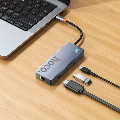 Hub USB-C HOCO HB52, 2 x USB-A 3.0 - 2 x USB-C - 1 x HDMI - 1 x RJ45 - 1 x SD - 1 x microSD, Gri