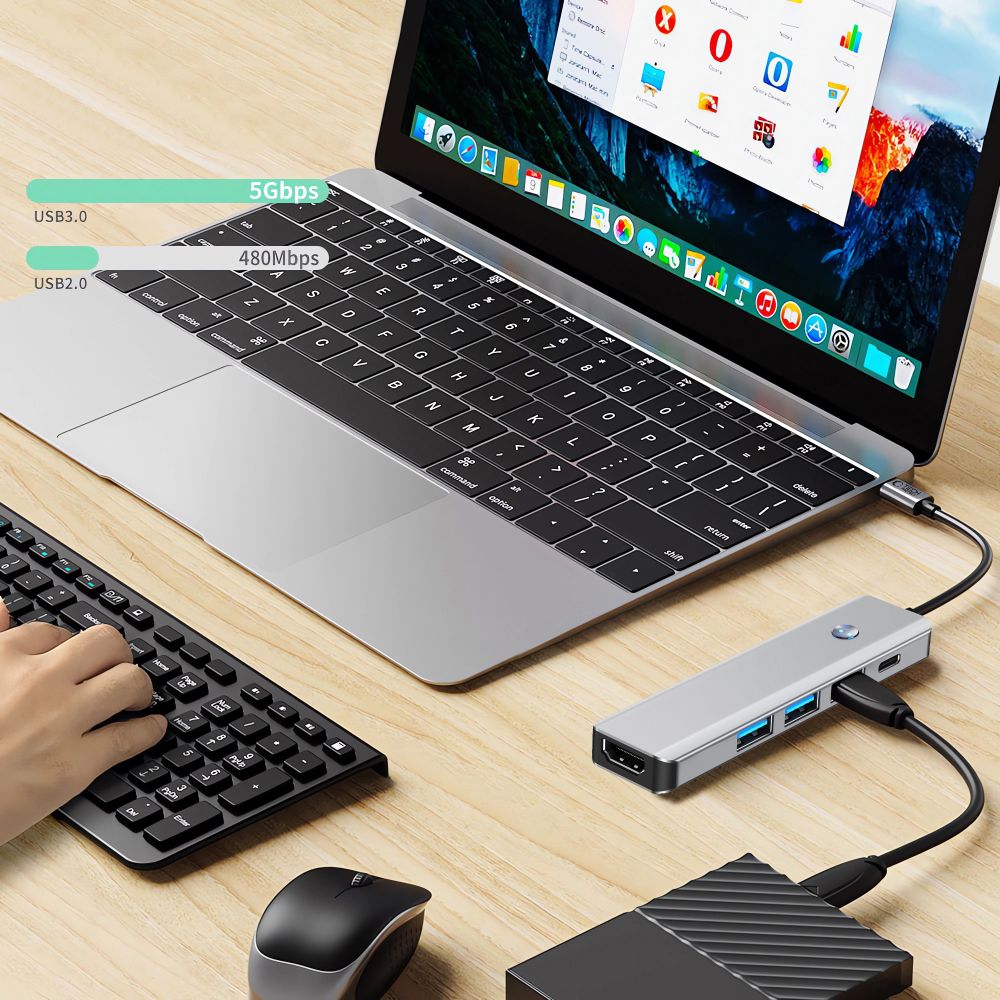 Hub USB-C Tech-Protect HB01, 1 x USB-A 3.0 - 2 x USB-A - 1 x USB-C - 1 x HDMI, Gri