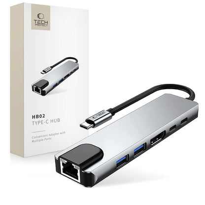 Hub USB-C Tech-Protect HB02, 1 x USB-A 3.0 - 1 x USB-A - 2 x USB-C - 1 x HDMI - 1 x RJ45, Gri