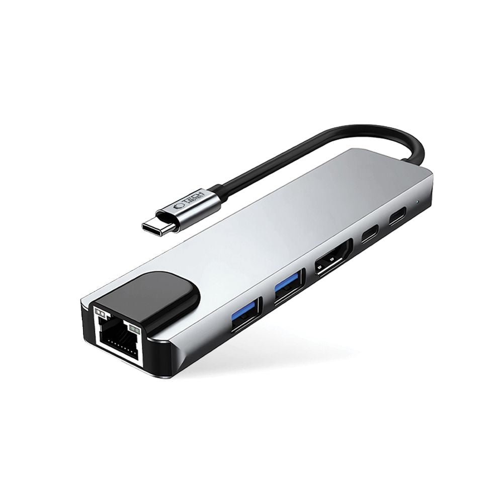 Hub USB-C Tech-Protect HB02, 1 x USB-A 3.0 - 1 x USB-A - 2 x USB-C - 1 x HDMI - 1 x RJ45, Gri