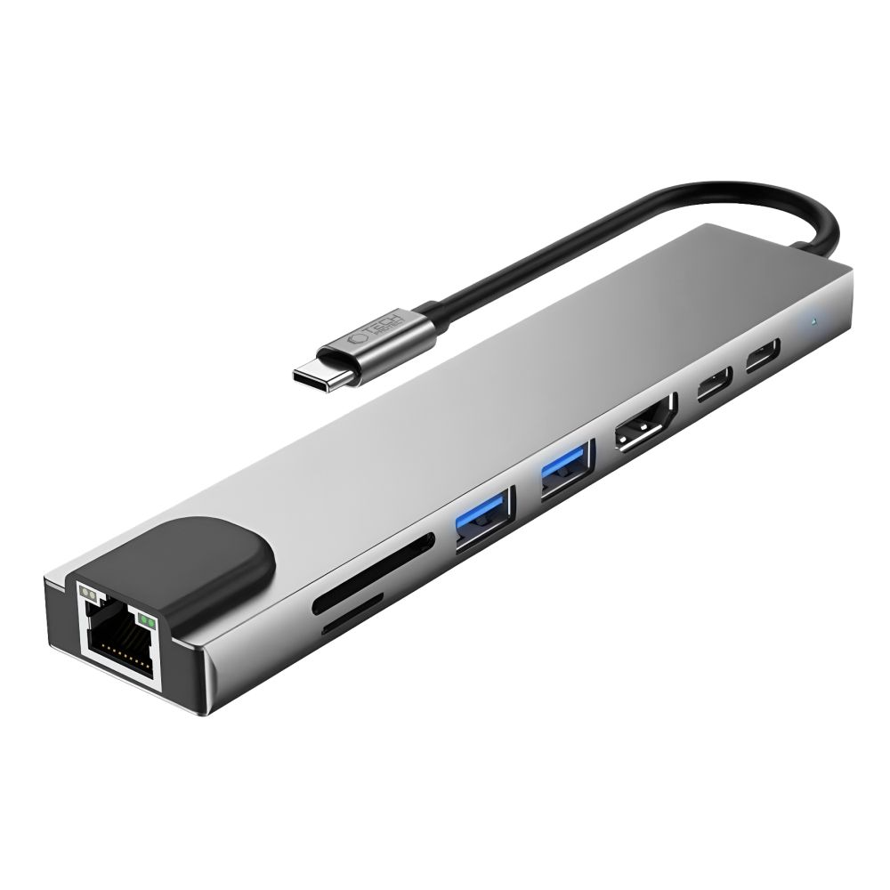 Hub USB-C Tech-Protect HB09, 2 x USB-A 3.0 - 2 x USB-C - 1 x HDMI - 1 x RJ45 - 1 x SD - 1 x microSD, Gri