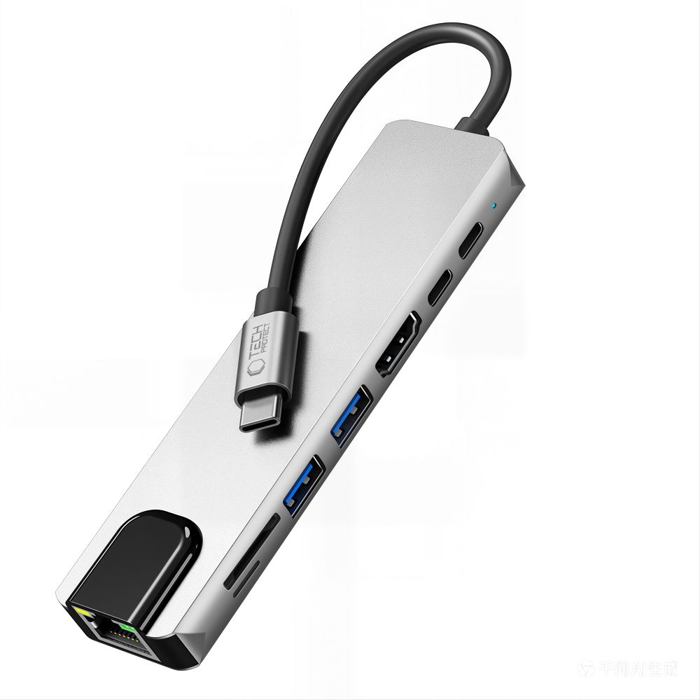Hub USB-C Tech-Protect HB09, 2 x USB-A 3.0 - 2 x USB-C - 1 x HDMI - 1 x RJ45 - 1 x SD - 1 x microSD, Gri