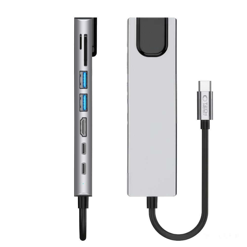 Hub USB-C Tech-Protect HB09, 2 x USB-A 3.0 - 2 x USB-C - 1 x HDMI - 1 x RJ45 - 1 x SD - 1 x microSD, Gri