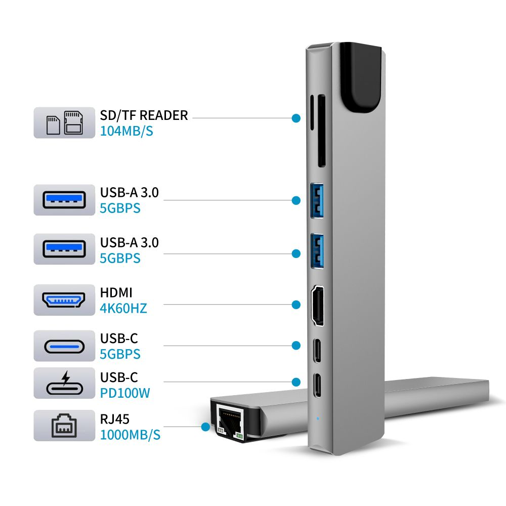 Hub USB-C Tech-Protect HB09, 2 x USB-A 3.0 - 2 x USB-C - 1 x HDMI - 1 x RJ45 - 1 x SD - 1 x microSD, Gri