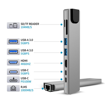 Hub USB-C Tech-Protect HB09, 2 x USB-A 3.0 - 2 x USB-C - 1 x HDMI - 1 x RJ45 - 1 x SD - 1 x microSD, Gri