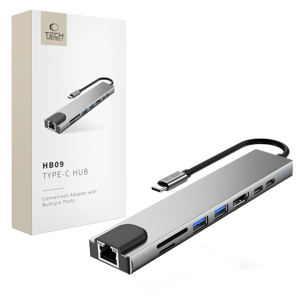Hub USB-C Tech-Protect HB09, 2 x USB-A 3.0 - 2 x USB-C - 1 x HDMI - 1 x RJ45 - 1 x SD - 1 x microSD, Gri