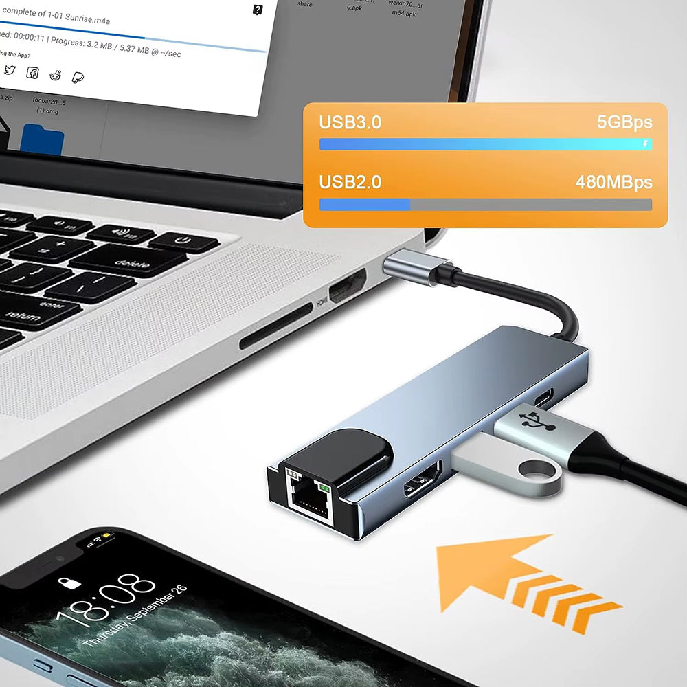 Hub USB-C Techsuit H1 NetBridge, 5in1, Gri