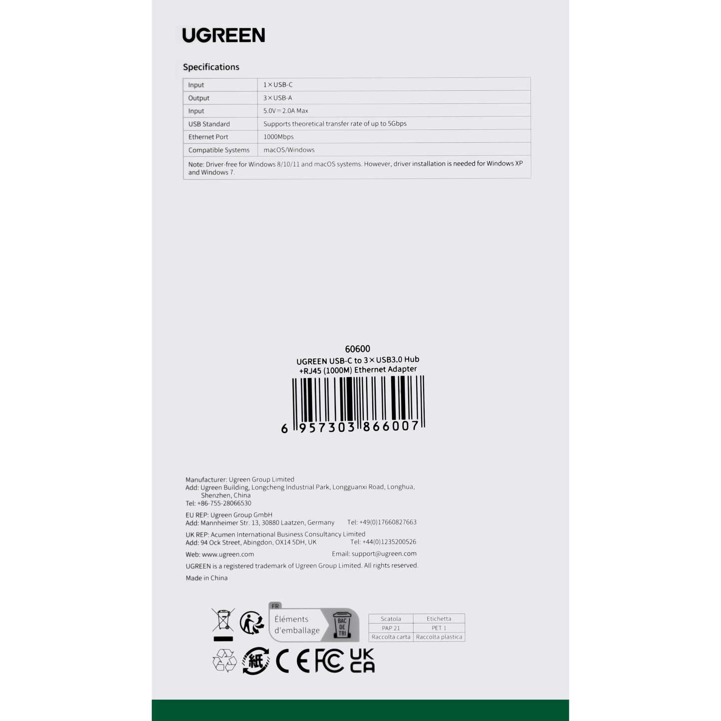 Hub USB-C UGREEN CM475, 3 x USB-A 3.0 - 1 x RJ45, Gri