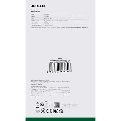 Hub USB-C UGREEN CM475, 3 x USB-A 3.0 - 1 x RJ45, Gri