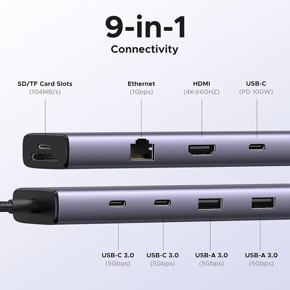 Hub USB-C UGREEN CM498 (15375), 2 x USB-A - 3 x USB-C - 1 x HDMI - 1 x RJ45 - 1 x SD - 1 x microSD, Gri