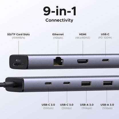 Hub USB-C UGREEN CM498 (15375), 2 x USB-A - 3 x USB-C - 1 x HDMI - 1 x RJ45 - 1 x SD - 1 x microSD, Gri