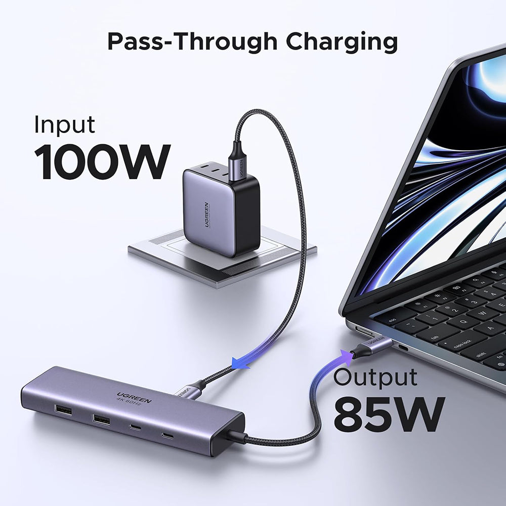 Hub USB-C UGREEN CM498 (15375), 2 x USB-A - 3 x USB-C - 1 x HDMI - 1 x RJ45 - 1 x SD - 1 x microSD, Gri