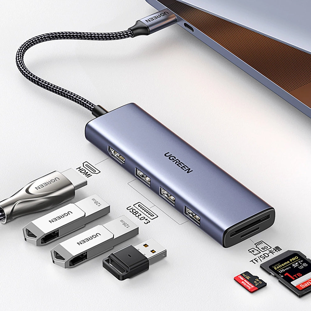 Hub USB-C UGREEN CM511 (20956A), 3 x USB-A 3.0 - 1 x HDMI - 1 x SD - 1 x microSD, Gri