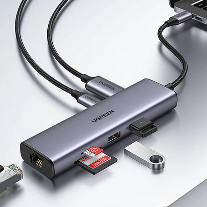 Hub USB-C UGREEN CM512, 2 x USB-A 3.0 - 1 x USB-C - 1 x HDMI - 1 x SD - 1 x microSD - RJ45, Gri