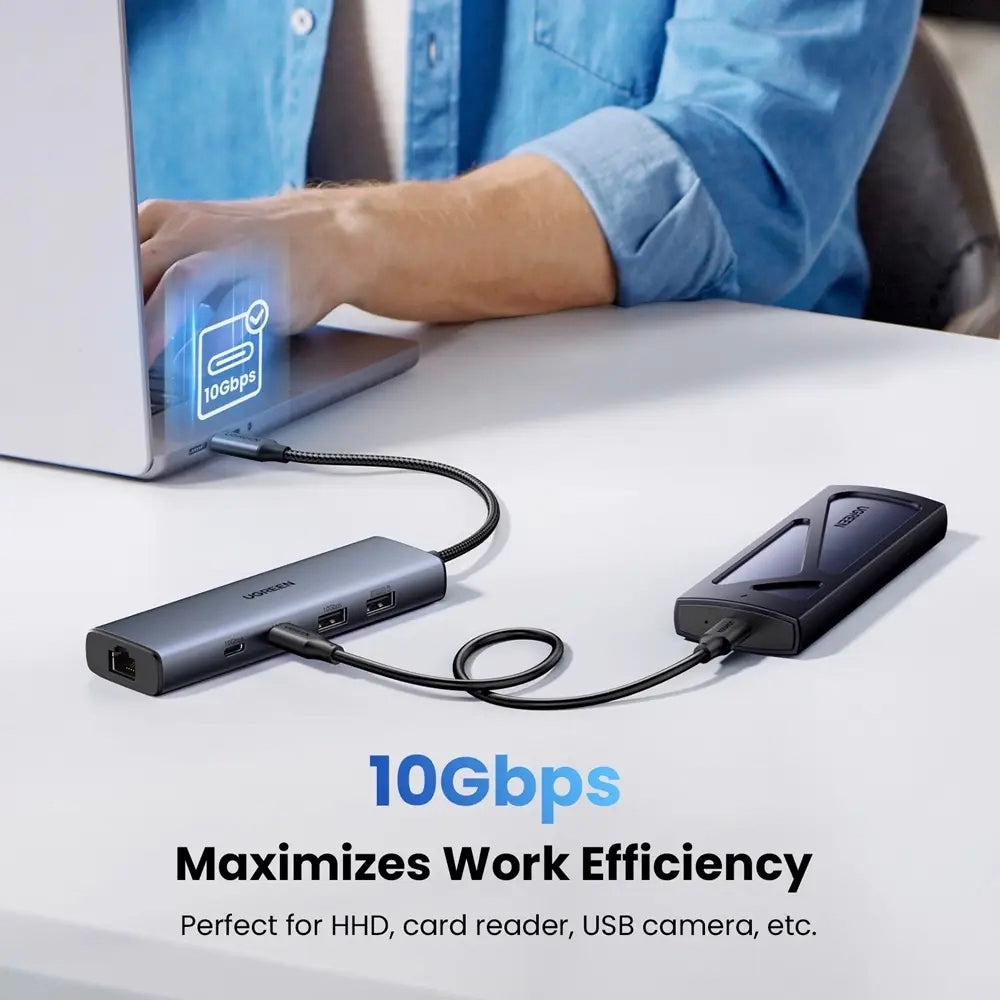 Hub USB-C UGREEN CM512, 1 x USB-A 3.2 - 1 x USB-A - 3 x USB-C - 1 x RJ45, Gri