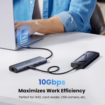 Hub USB-C UGREEN CM512, 1 x USB-A 3.2 - 1 x USB-A - 3 x USB-C - 1 x RJ45, Gri
