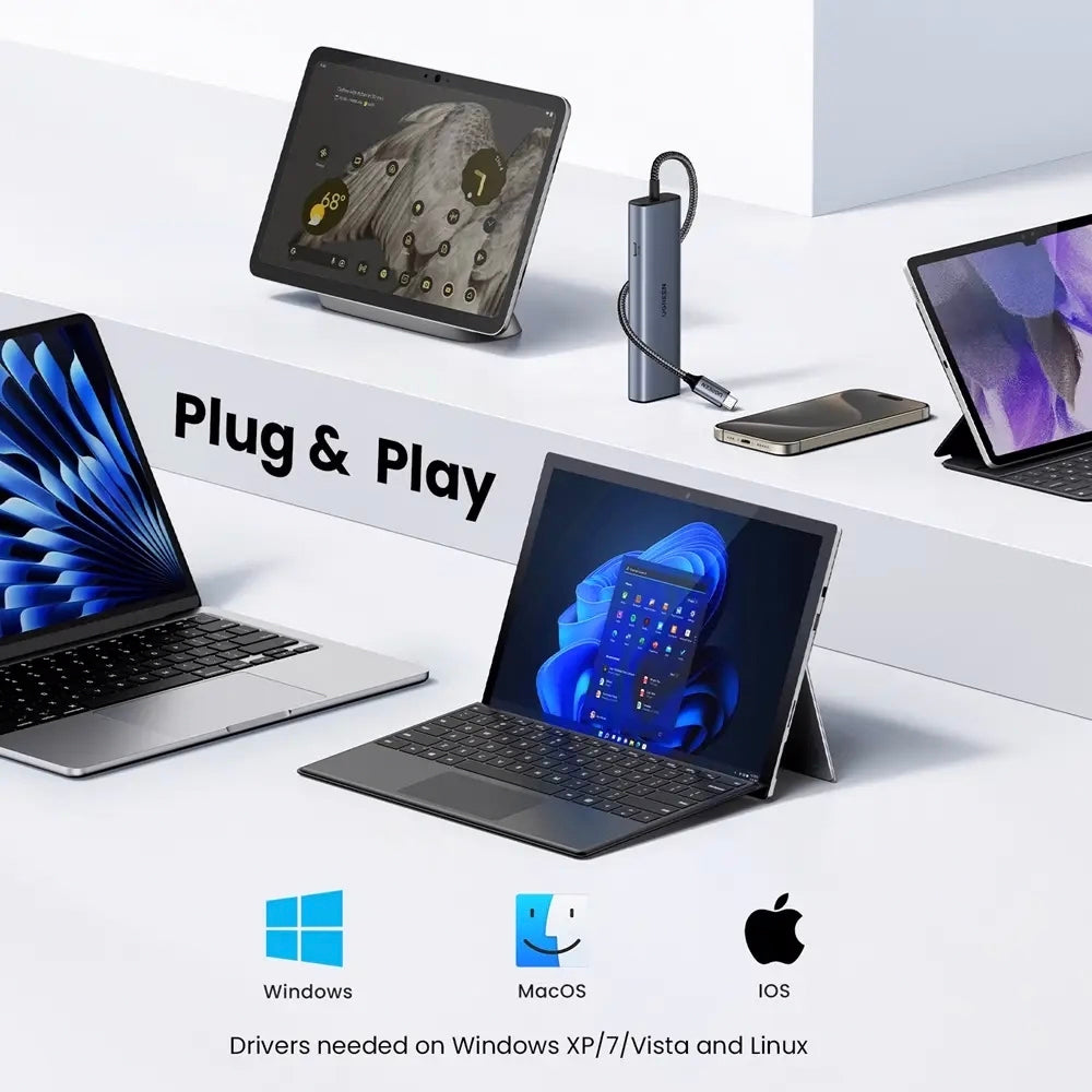 Hub USB-C UGREEN CM512, 1 x USB-A 3.2 - 1 x USB-A - 3 x USB-C - 1 x RJ45, Gri