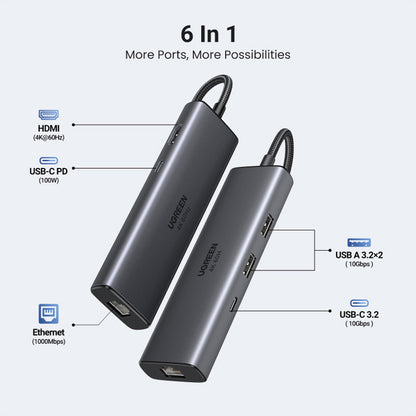 Hub USB-C UGREEN CM512 (45000), 2 x USB-A 3.2 - 2 x USB-C - 1 X HDMI - 1 x RJ45, Gri