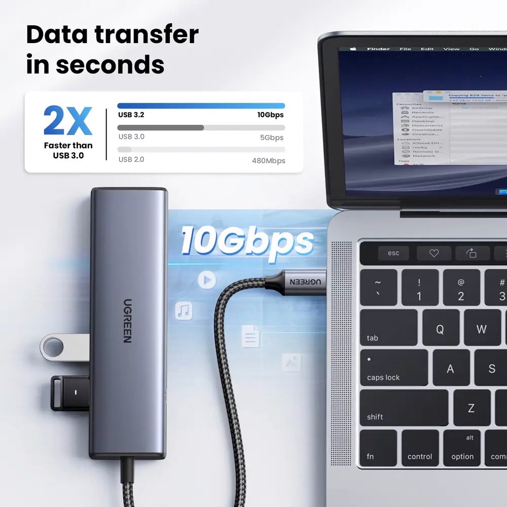 Hub USB-C UGREEN CM512, 1 x USB-A 3.2 - 1 x USB-A - 3 x USB-C - 1 x RJ45, Gri