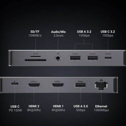 Hub USB-C UGREEN Revodok Pro 313 CM681, 2 x USB-A 3.2 - 1 x USB-A 3.0 - 2 x USB-C - 2 x HDMI - 1 x Jack 3.5mm - 1 x RJ45 - 1 x SD - 1 x microSD, Gri